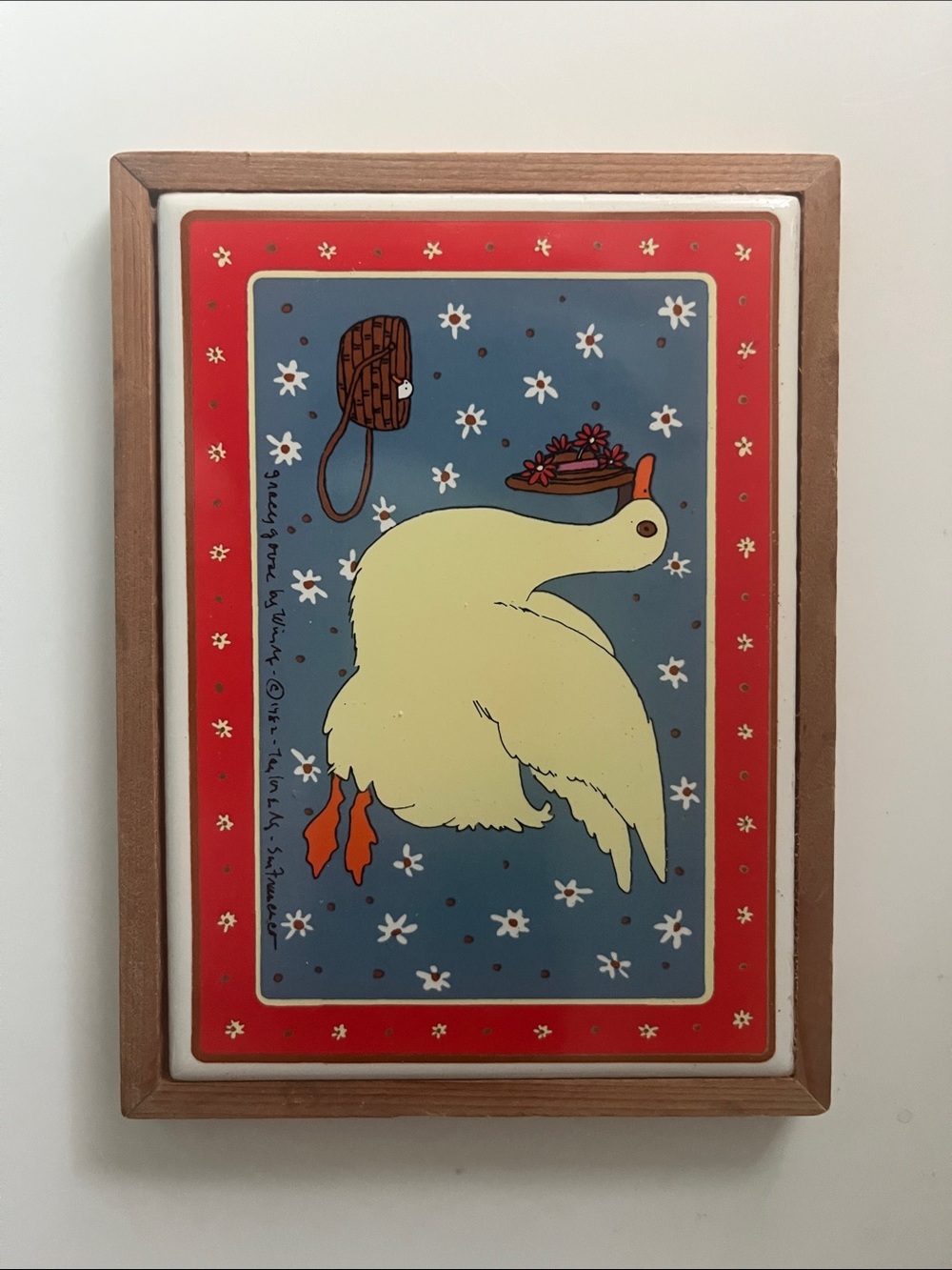 Vintage Taylor & NG 1982 Gracey Goose ceramic trivet in wooden Frame